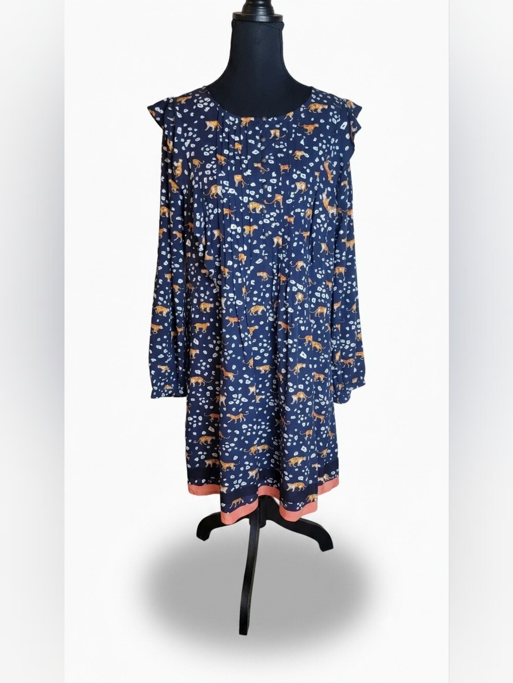 crown & ivy Navy Floral Fox Print Long-Sleeve Dress with Coral Trim
